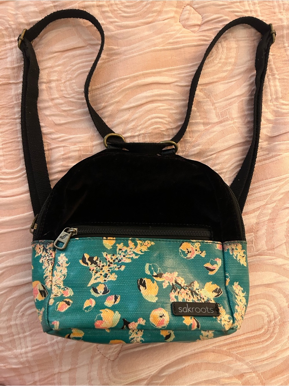 Sakroots Teal Floral Mini Backpack with Black Velvet Top